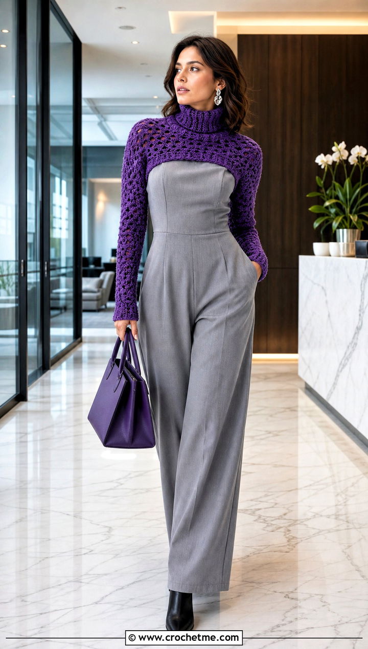 High Neck Crochet Shrug With Sleeveless Jumpsuit - 25 cute crochet shrug outfit ideas