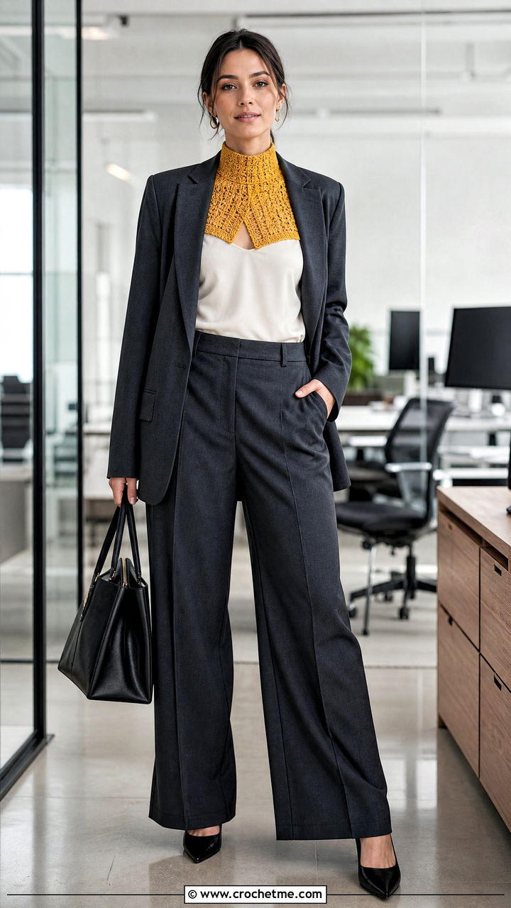High Neck Crochet Shrug With Trouser Suit - 35 easy crochet shrug outfit ideas