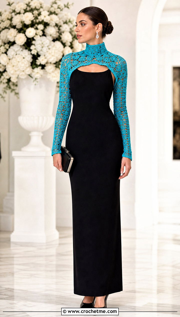 High Neck Crochet Sleeve Bolero With Column Dress - 20 Crochet Bolero Sweater outfit ideas