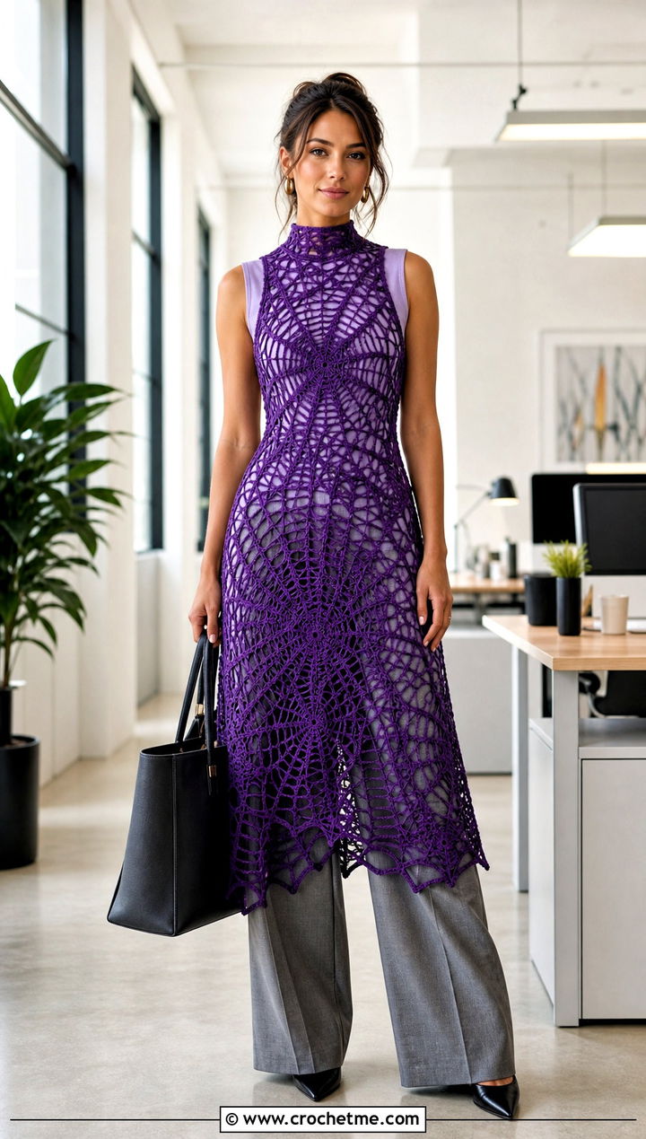 High Neck Crochet Spider Web Midi Dress Over Trousers - 30 crochet spider web dress outfit ideas