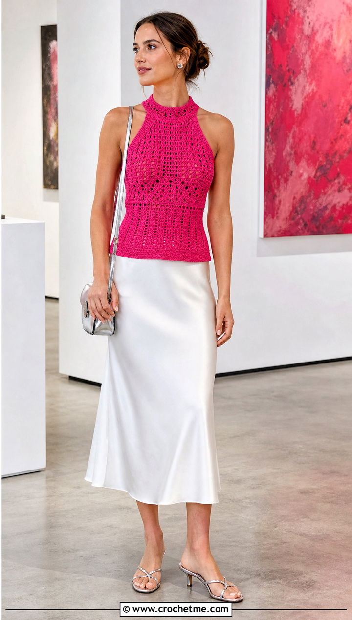 High Neck Crochet Summer Tank Top With Satin Slip Skirt - 35 crochet summer tank top outfit ideas