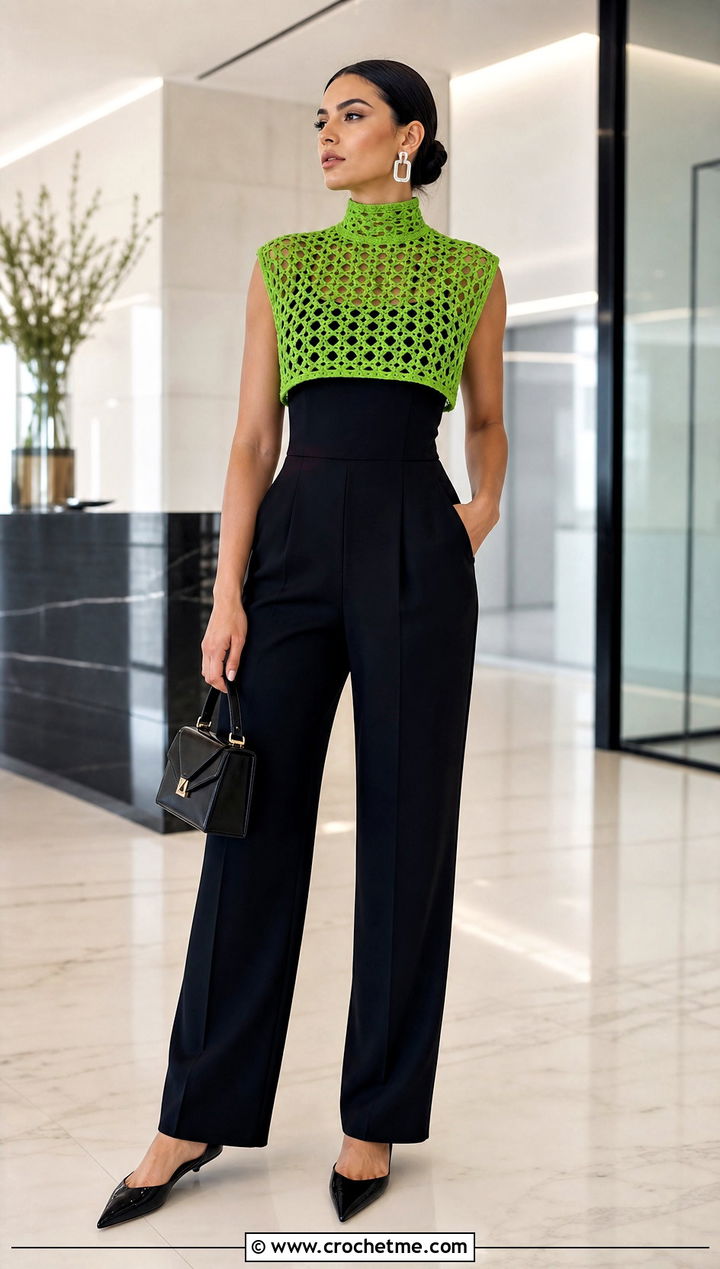 High Neck Crochet Super Crop With Sleeveless Jumpsuit - 30 Crochet Long Sleeve Half Top outfit ideas