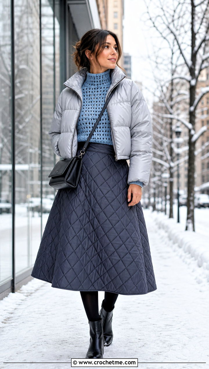 High Neck Crochet Sweater Top With Puffer Jacket And Midi Skirt - 35 high neck crochet top outfit ideas
