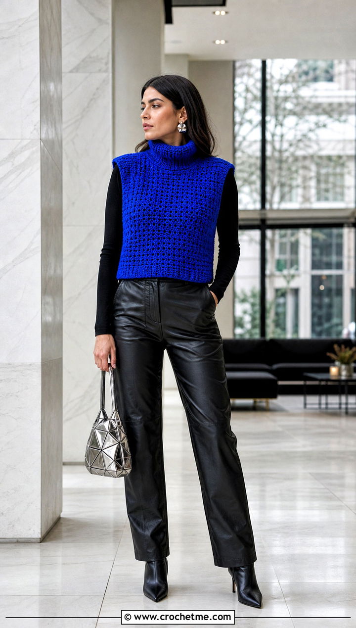 High Neck Crochet Sweater Vest With Leather Pants - 25 diy crochet sweater vest outfit ideas
