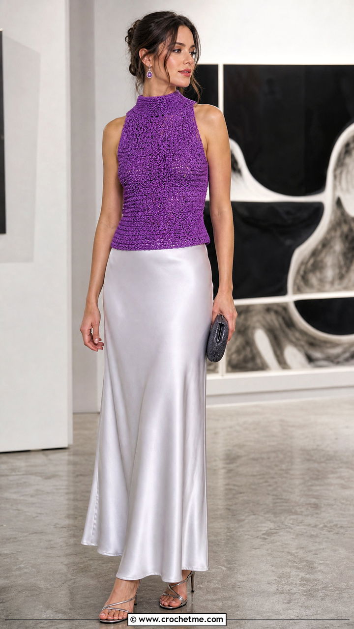 High Neck Crochet Tank Top With Satin Maxi Skirt - 35 crochet tank tops outfit ideas