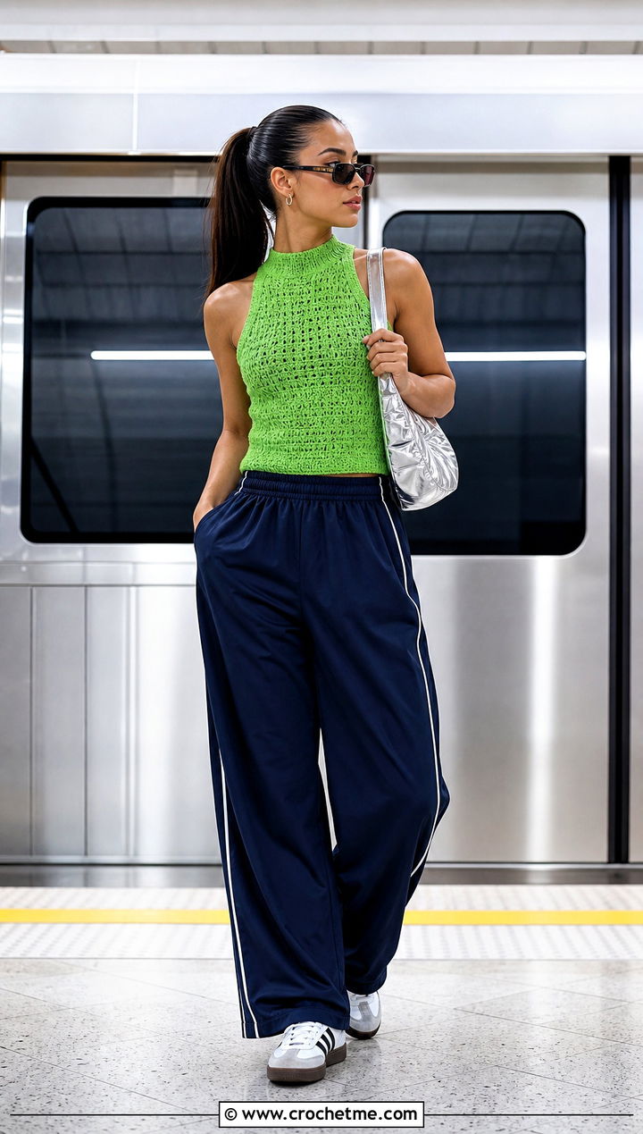 High Neck Crochet Tank Top With Track Pants - 15 crochet tank tops on hangers outfit ideas