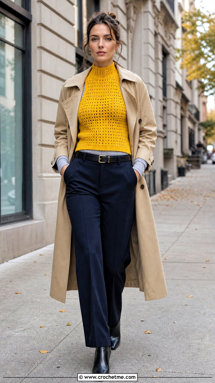 High Neck Crochet Tank Top With Trench Coat - 35 crochet fall top outfit ideas