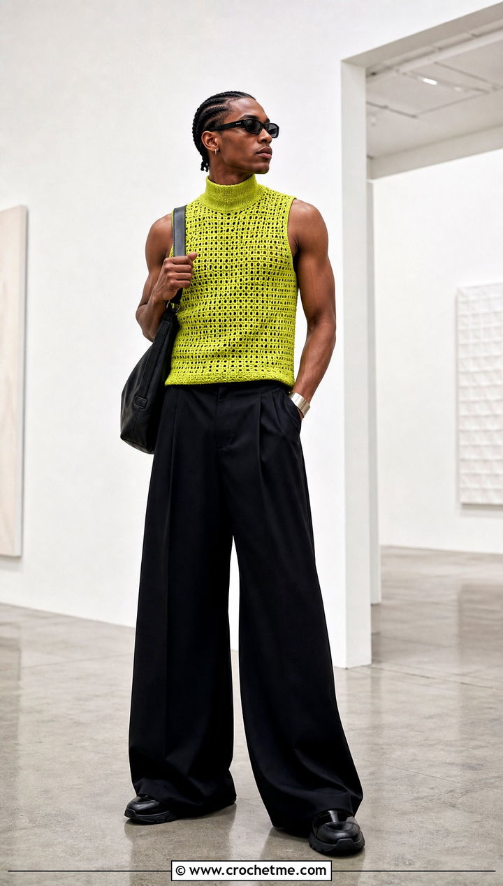 High Neck Crochet Tank Top With Wide Leg Pants - 30 Mens Crochet Tank Top outfit ideas