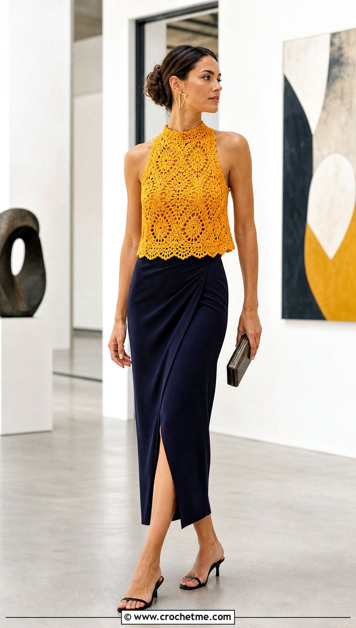 High Neck Crochet Tank With Column Skirt - 35 crochet tank outfit ideas
