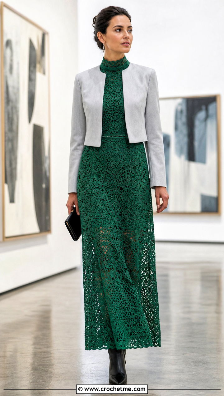 High Neck Crochet Thread Dress With Cropped Jacket - 25 Crochet Thread Dress outfit ideas