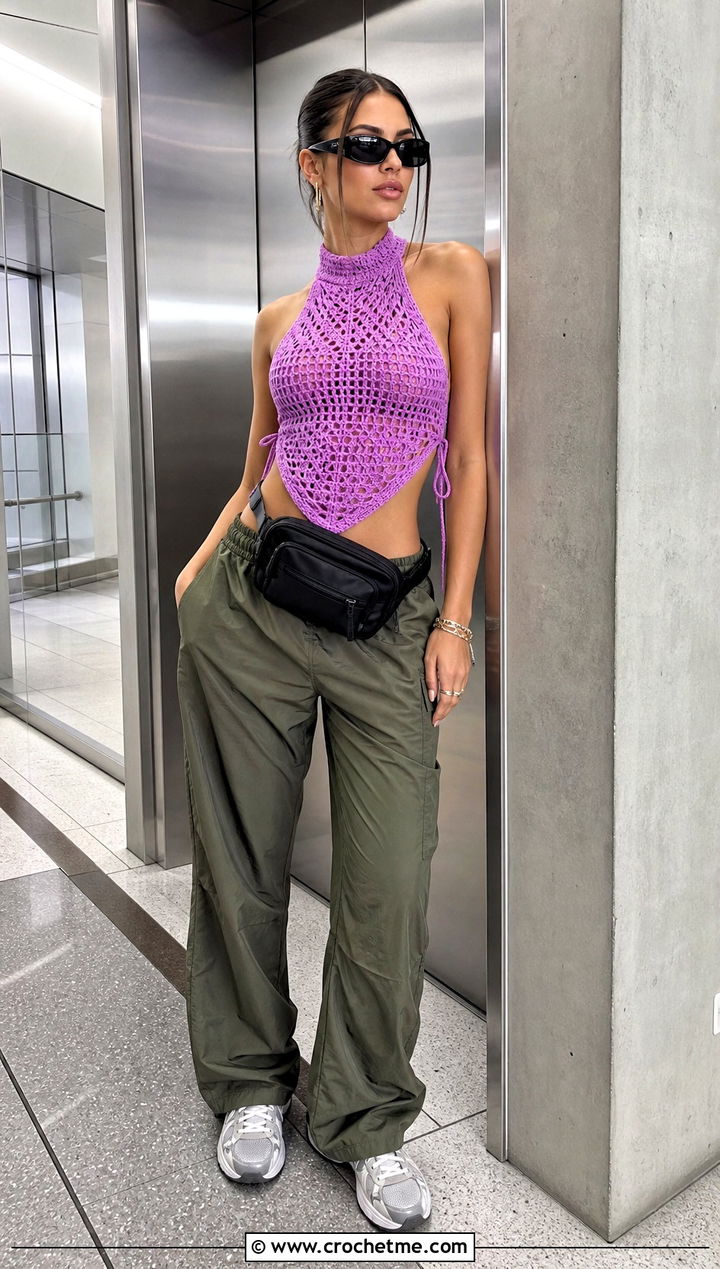 High Neck Crochet Tie Tank Top With Parachute Pants - 25 crochet tie tank top outfit ideas