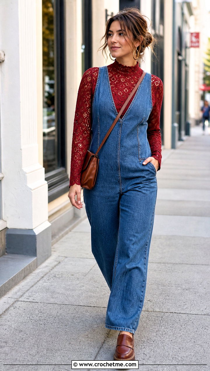 High Neck Crochet Top Under A Denim Jumpsuit - 30 Crochet Top Layering Outfit ideas
