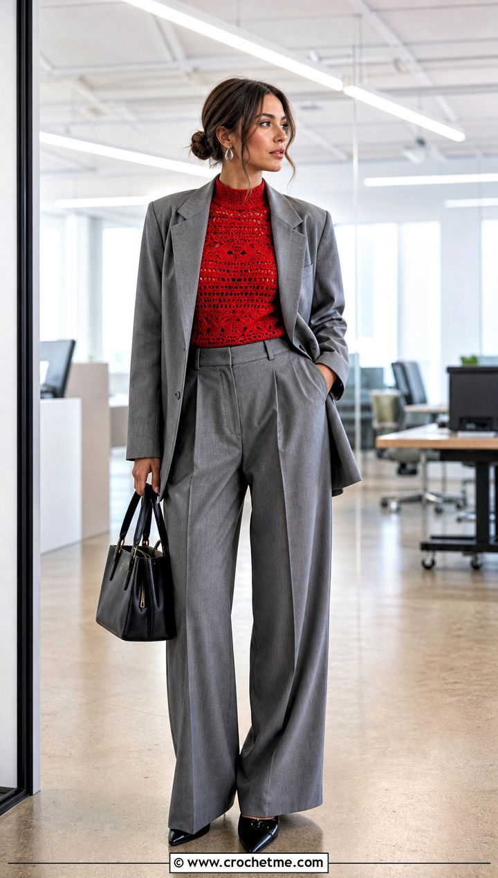 High Neck Crochet Top With A Relaxed Suit - 20 dainty crochet top outfit ideas