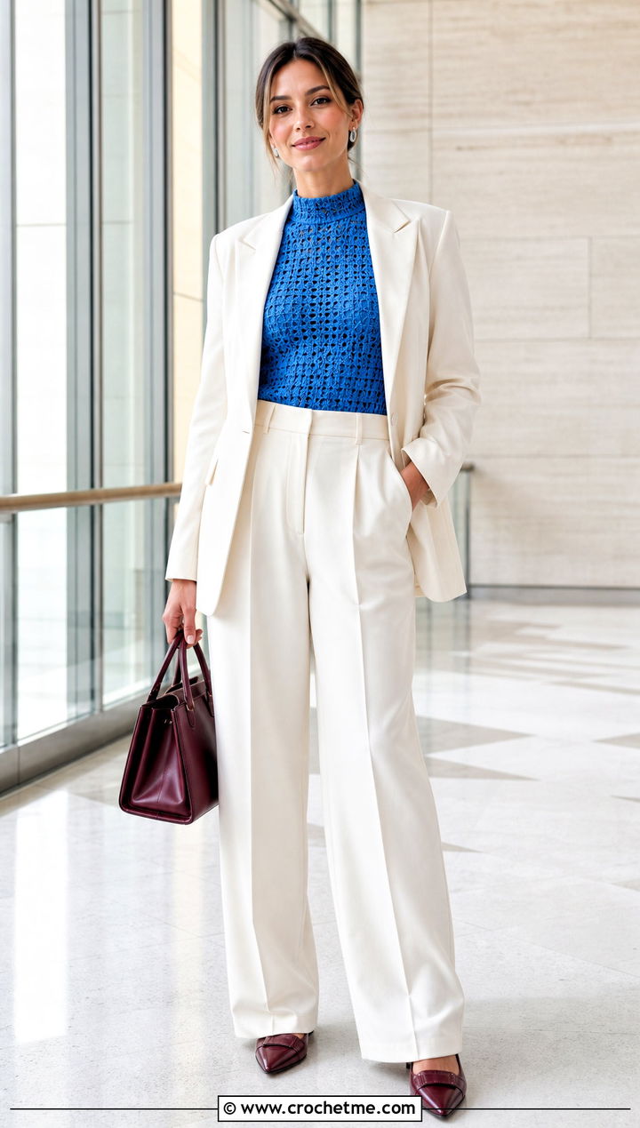 High Neck Crochet Top With A Trouser Suit - 25 Crochet Top Small Chest outfit ideas