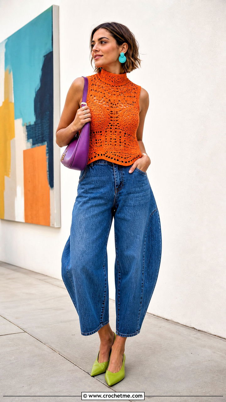 High Neck Crochet Top With Barrel Jeans - 35 crochet ladies tops outfit ideas