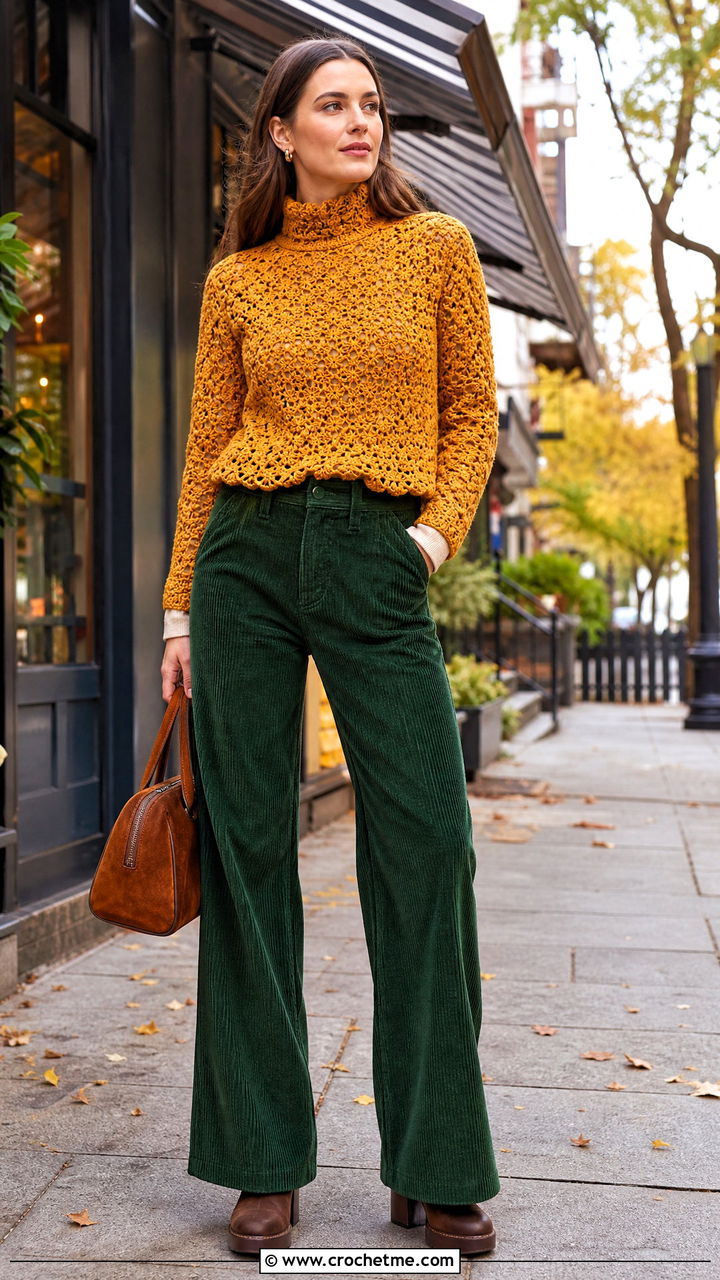 High Neck Crochet Top With Corduroy Pants - 35 hippie crochet top outfit ideas