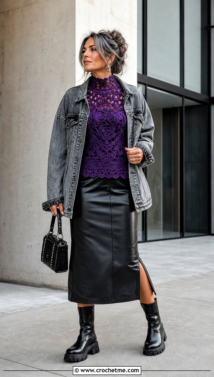 High Neck Crochet Top With Leather Midi Skirt - 35 grunge crochet top outfit ideas