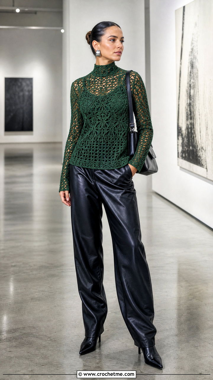 High Neck Crochet Top With Leather Pants - 35 simple crochet top outfit ideas