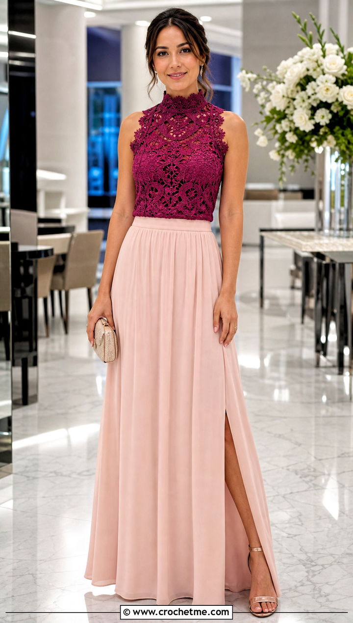 High Neck Crochet Top With Maxi Skirt - 25 vintage crochet tops outfit ideas