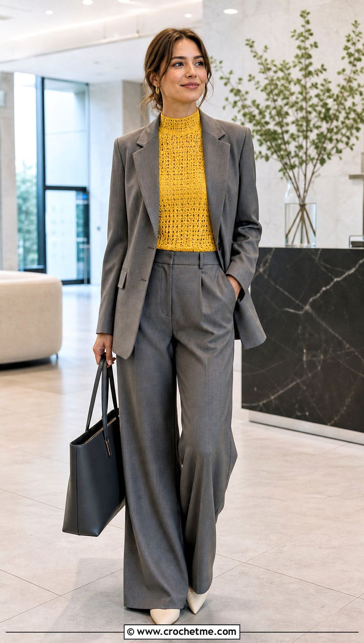 High Neck Crochet Top With Relaxed Suit - 25 Spring Crochet Tops outfit ideas