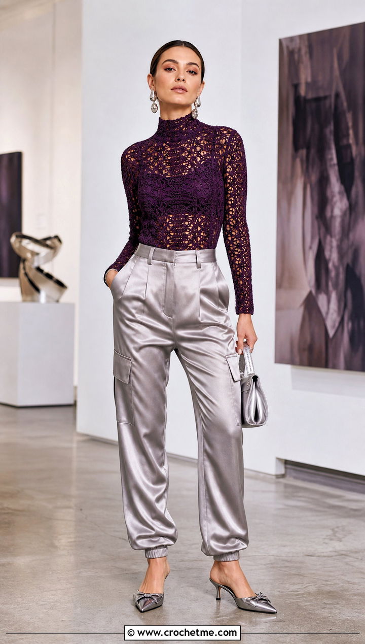 High Neck Crochet Top With Satin Cargo Pants - 35 Fitted Crochet Top outfit ideas