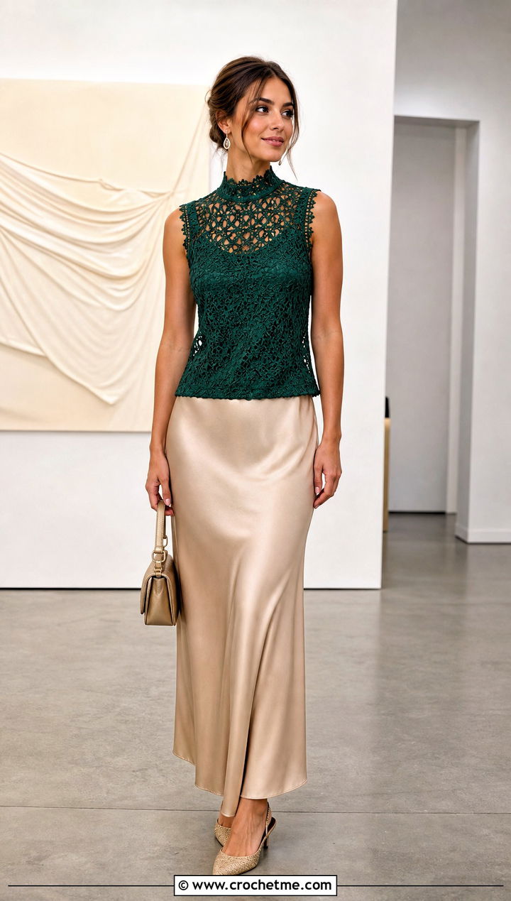 High Neck Crochet Top With Satin Slip Skirt - 35 lacy crochet top outfit ideas