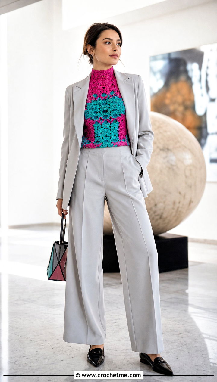 High Neck Crochet Top With Trouser Suit - 30 pink and green crochet top outfit ideas