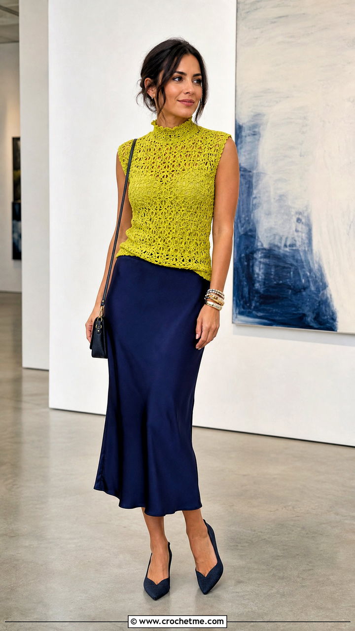 High Neck Crochet Top With a Bias Cut Skirt - 35 crochet tops ideas