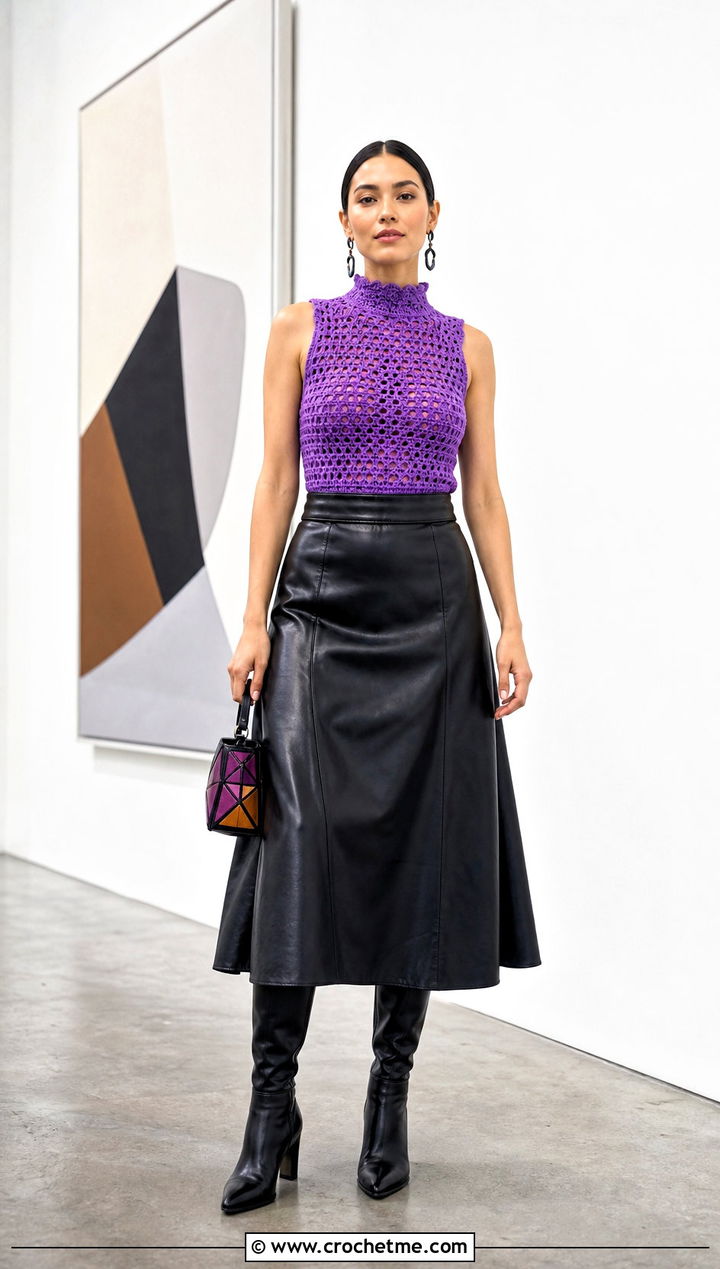 High Neck Crochet Vest With Leather Midi Skirt - 35 diy crochet vest outfit ideas