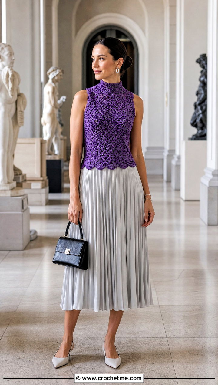 High Neck Crochet Vest With Pleated Midi Skirt - 20 Crocheted Vests For Women outfit ideas