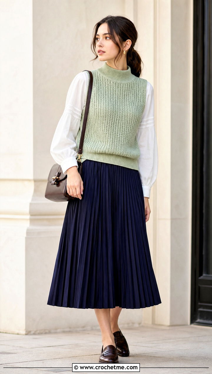 High Neck Crochet Vest With Pleated Midi Skirt - 15 green crochet vest design outfit ideas