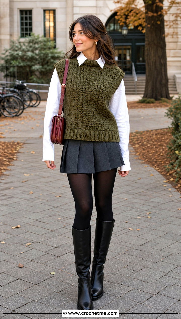 High Neck Crochet Vest With Pleated Mini Skirt - 15 Crochet Fall Vest outfit ideas