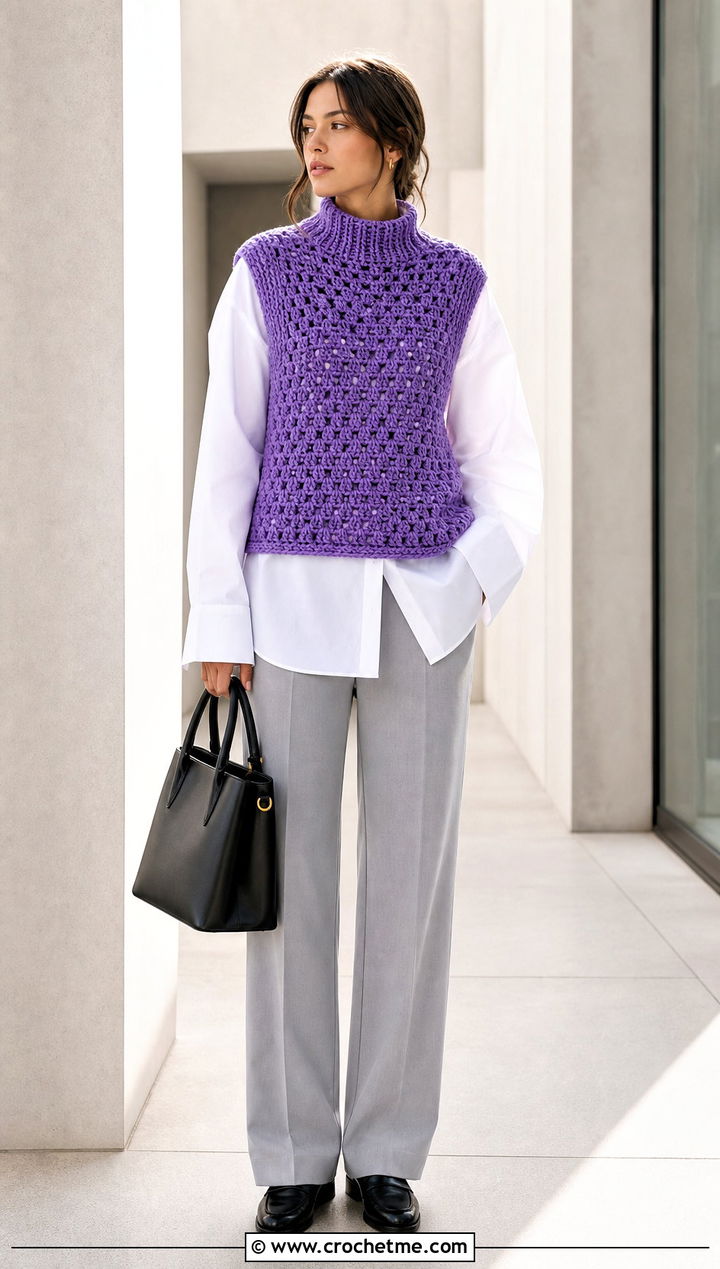 High Neck Crochet Vest With Poplin Shirt And Trousers - 35 high neck crochet top outfit ideas
