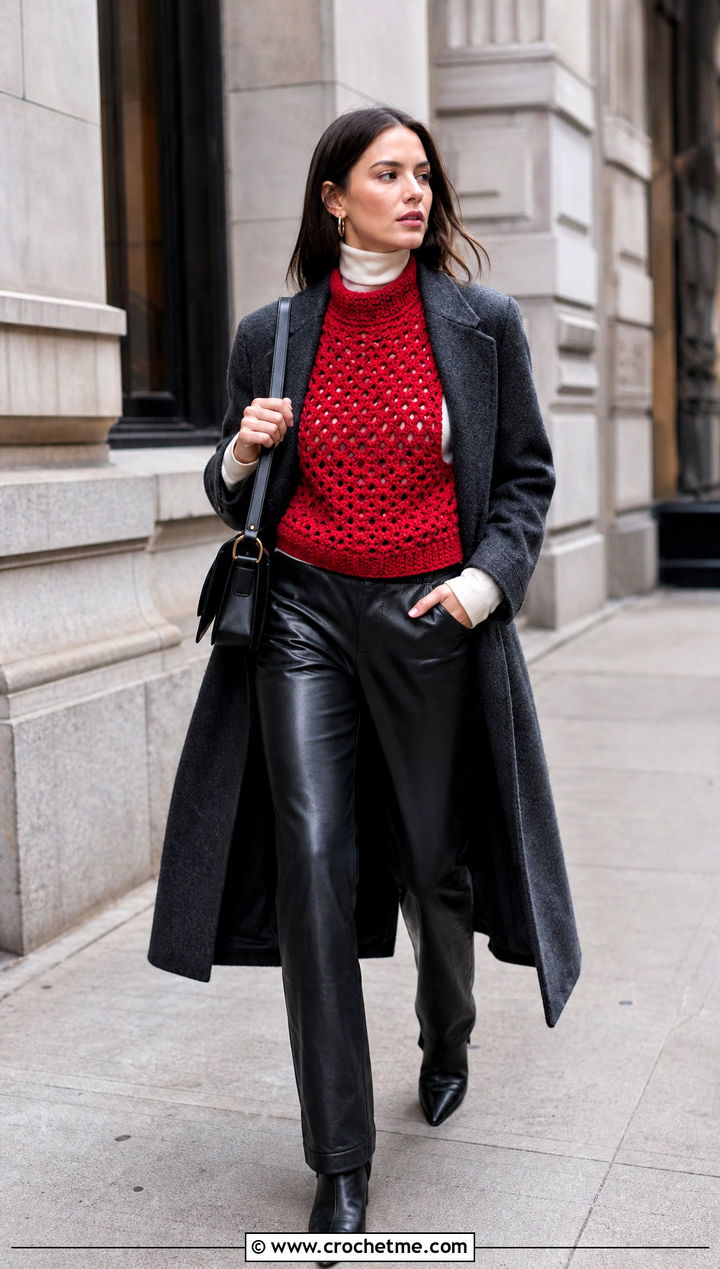 High Neck Crochet Vest With Turtleneck And Leather Pants - 15 modern crochet vest outfit ideas