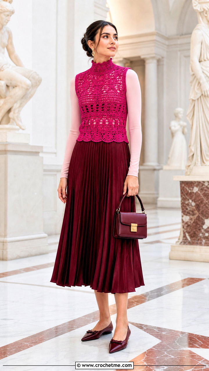 High Neck Crochet Vest With a Pleated Midi Skirt - 35 crochet vest woman outfit ideas