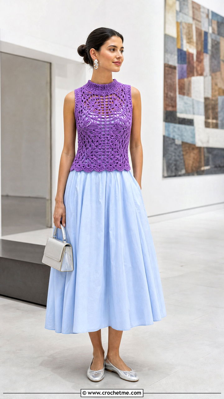 High Neck Crochet Vest With a Poplin Skirt - 35 boho crochet vest outfit ideas