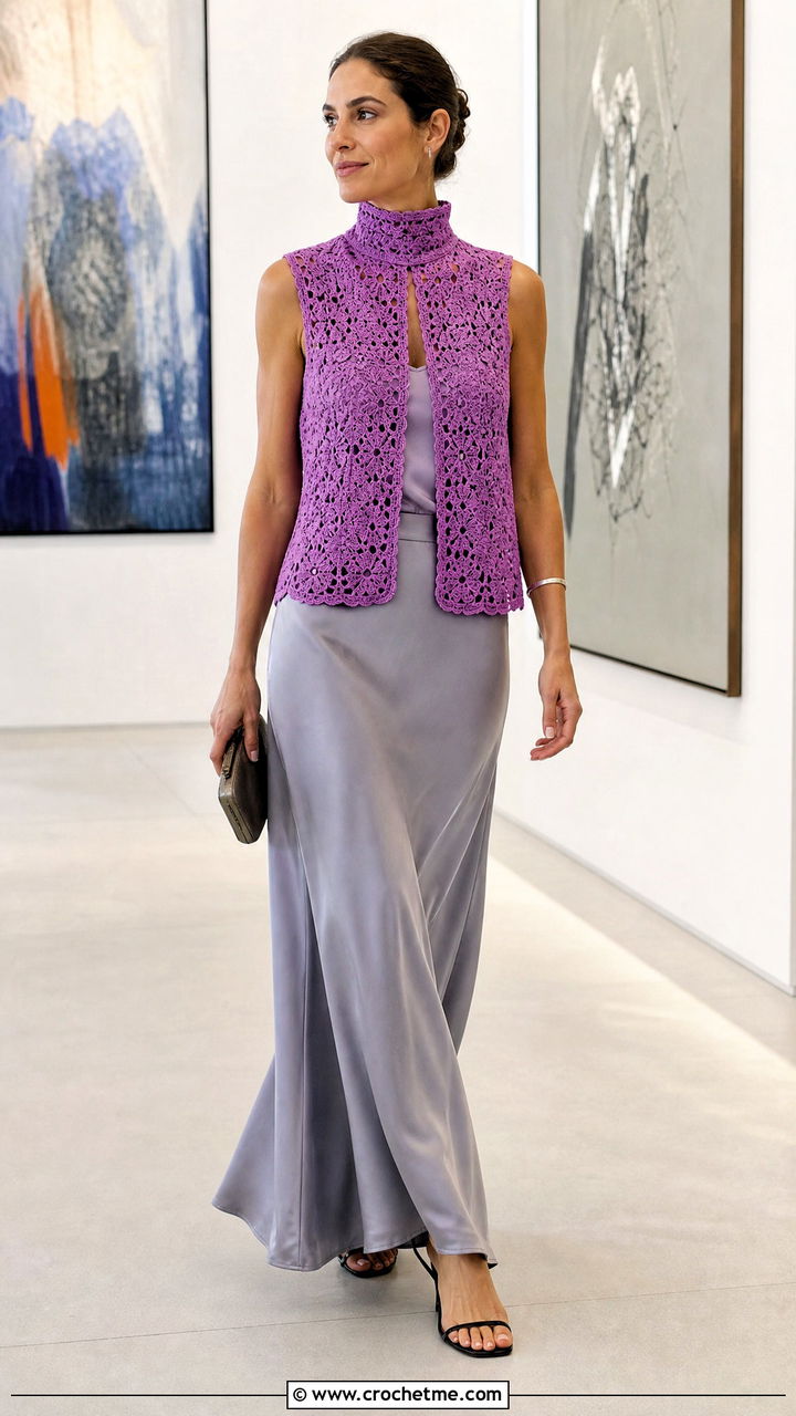 High Neck Crochet Waistcoat With Bias Cut Maxi Skirt - 35 crochet waistcoat outfit ideas