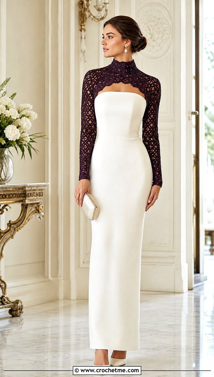 High Neck Crochet Wedding Bolero With Strapless Sheath Dress - 25 Crochet Wedding Bolero outfit ideas