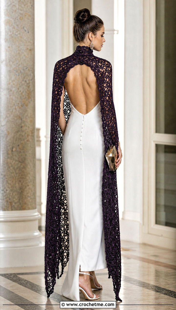 High Neck Crochet Wedding Cape With Backless Gown - 25 Crochet Wedding Cape outfit ideas
