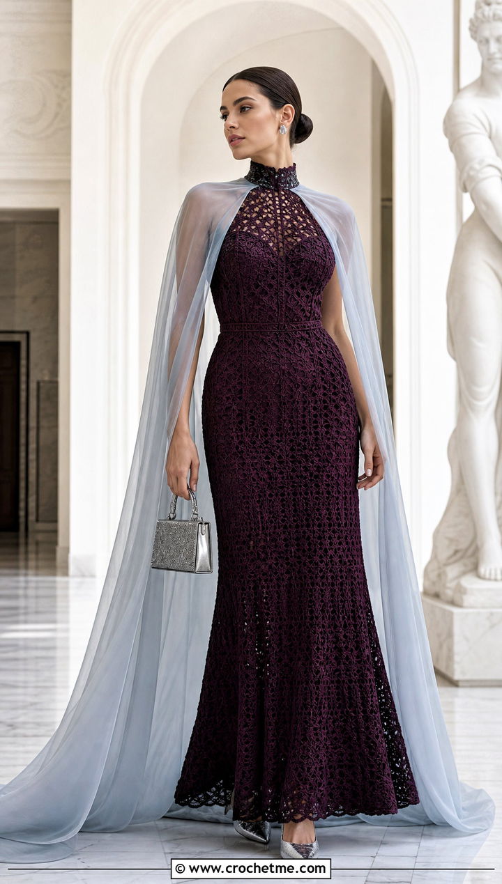 High Neck Crochet Wedding Dress With Cape Veil - 25 boho crochet wedding dress outfit ideas