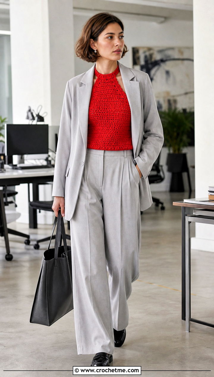 High Neck Crocheted Halter Top With A Relaxed Suit - 30 crocheted halter tops outfit ideas