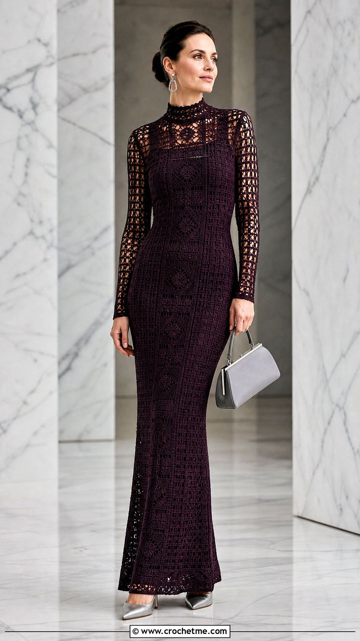 High Neck Filet Crochet Gown With Pointed Heels - 35 crochet formal dress outfit ideas