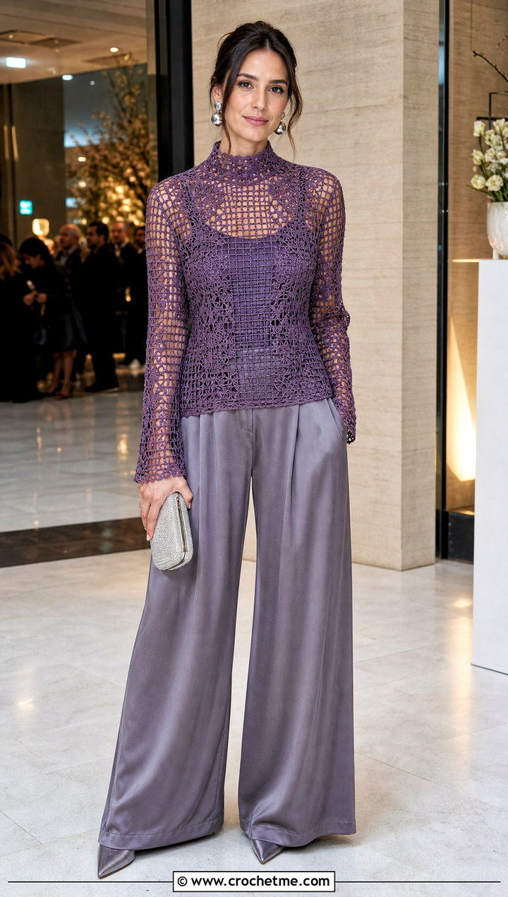 High Neck Filet Crochet Shirt With Satin Pants - 30 filet crochet shirt outfit ideas