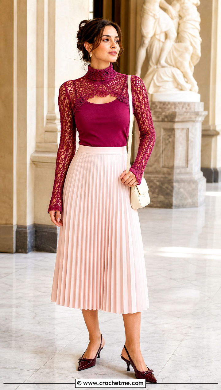 High Neck Fishnet Crochet Bolero With Pleated Midi Skirt - 25 Fishnet Crochet Bolero outfit ideas