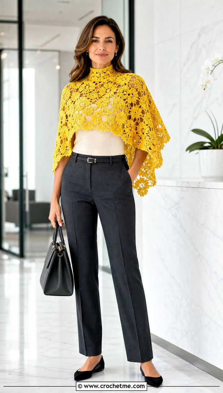High Neck Flower Crochet Poncho With Tailored Pants - 25 Crochet Flower Poncho outfit ideas