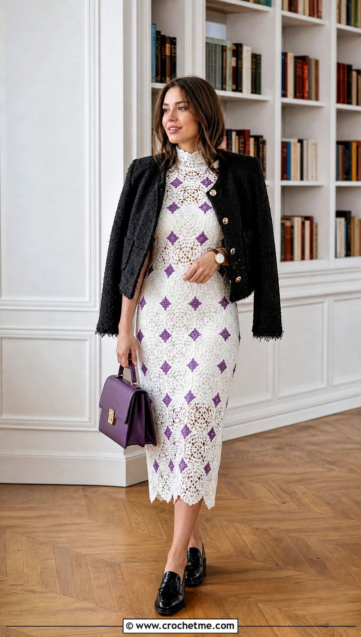 High Neck Geometric Crochet Midi Dress With Loafers - 20 White Crochet Midi Dress outfit ideas