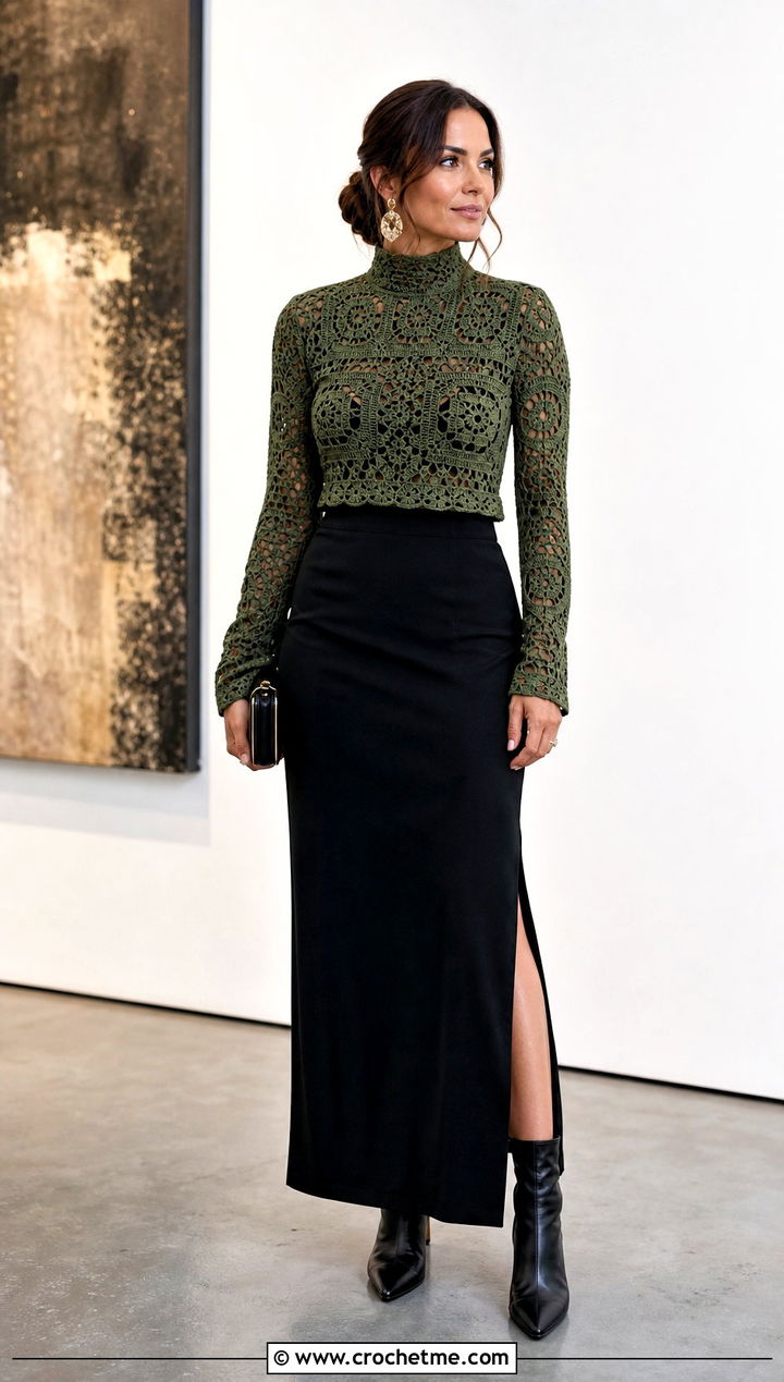 High Neck Granny Square Blouse With Column Skirt - 35 Granny Square Blouse outfit ideas