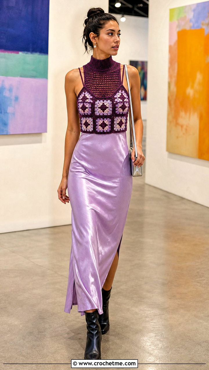 High Neck Granny Square Bralette Over A Slip Dress - 15 granny square bralette outfit ideas