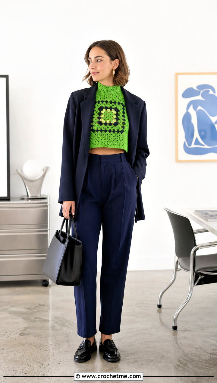 High Neck Granny Square Crochet Crop Top With Suit Separates - 30 granny square crochet crop top outfit ideas