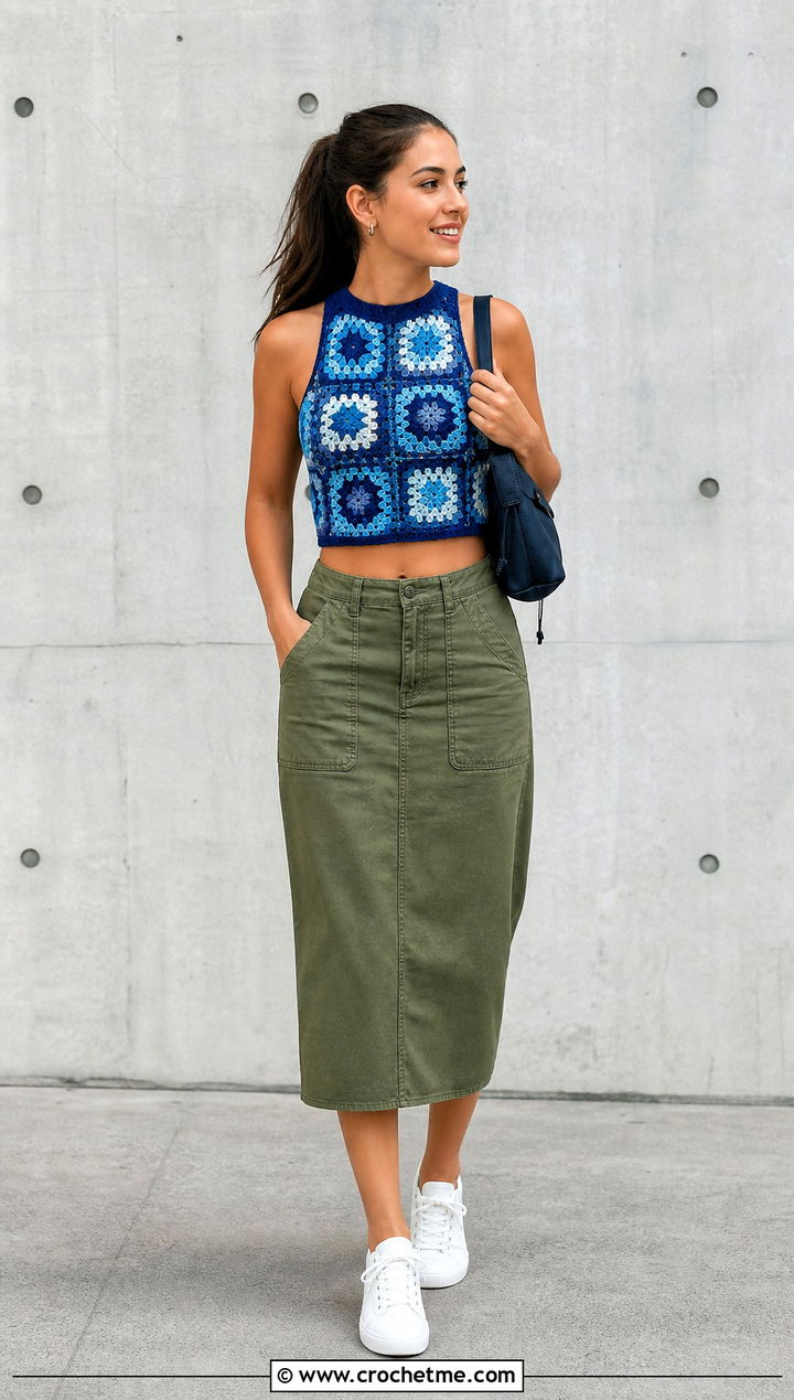 High Neck Granny Square Crop Top With Utility Midi Skirt - 30 granny square crop top outfit ideas
